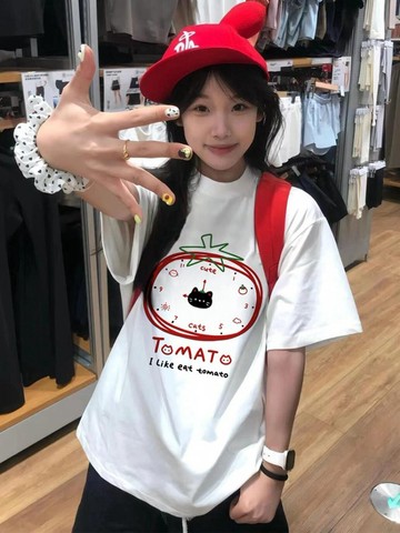 白色T恤款短袖夏季新款純棉寬鬆設計感小眾上衣休閒半袖套恤  女生上衣 印花寬鬆情侶短袖T 上衣女 美式t  韓版T 大學