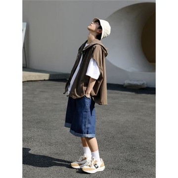 日系連帽短袖背心馬甲男夏季少年感穿搭潮牌高街痞帥工裝馬夾外套