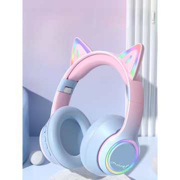 ESSONIO新款藍牙5.3貓耳頭戴式藍牙耳機少女款RGB燈效顏色漸變款