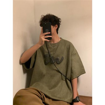 鹿皮絨短袖t恤男夏季薄款硬挺半袖體恤美式潮牌復古vibe高街上衣