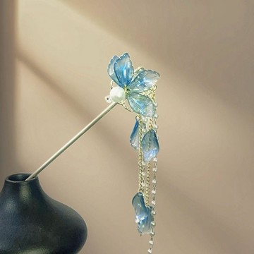 古風 藍色 花朵 髮簪 高級感 新中式 珍珠 流蘇 步搖 女 髮飾 髮釵 頭飾 簪子