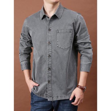 水洗純棉長袖襯衫男士春秋季純色大碼寬松襯衣男裝休閑上衣外套潮