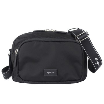 agnes b. voyage 黑色尼龍印刷標誌背帶雙拉鍊斜背包