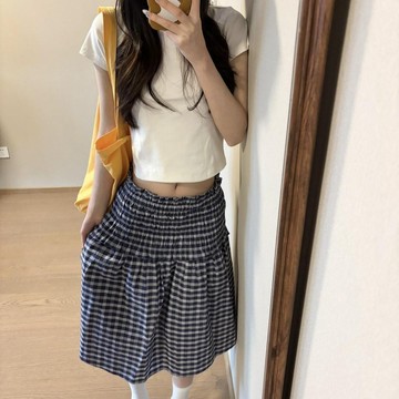 【限時特惠】#韓風#嚴選【店鋪熱銷】2025新款復古格紋設計感半身裙韓版復古百搭休閒兩穿度假風傘裙女創新
