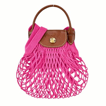 [平輸版]LONGCHAMP  LE PLIAGE FILET系列網狀棉質手提/斜背兩用包(迷你/糖果粉)真品平輸