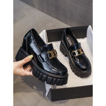 英倫風小皮鞋女2025春季新款單鞋松糕厚底樂福鞋內增高女鞋子9cm