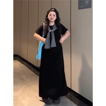 大碼法式條紋披肩連衣裙女夏季微胖mm捏褶收腰顯瘦慵懶風休閑長裙