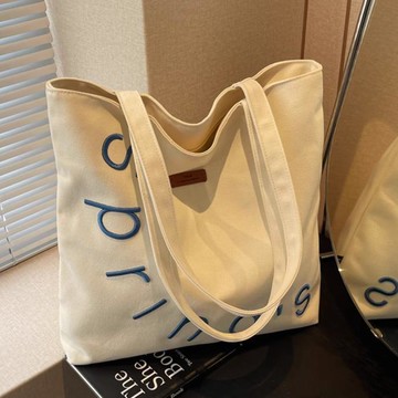 帆布包🍓刺繡字母帆布包包女休閒大容量單肩托特包百搭學生上課通勤手提袋帆布袋 包包 斜背包 側背包 肩背包 手提袋 通勤