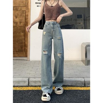 淺藍色破洞闊腿牛仔褲女2025年秋季新款高腰直筒寬松小個子拖地褲