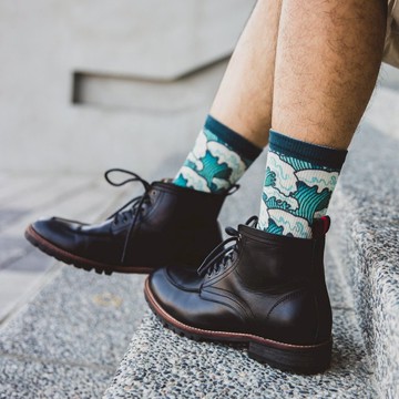 【小創襪】 海波浪 日本 東洋風 海浪 浮世繪 長筒襪 運動襪 藍綠