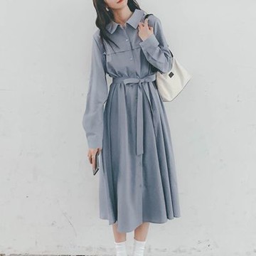 [巴黎精品] 現貨+預購 高級法式長洋裝中長裙洋裝連身裙子A字裙大碼寬鬆休閒女裝-長袖襯衫女裙子3色a1ku51