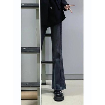 黑灰色微喇牛仔褲女大碼胖mm梨型身材褲子高腰顯瘦垂墜感喇叭褲