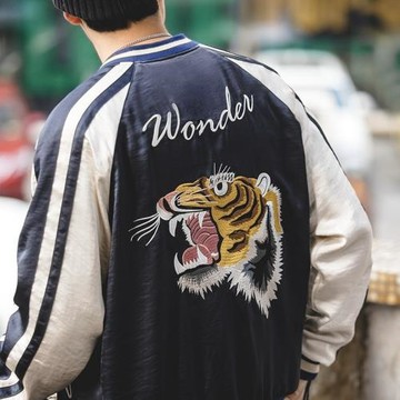 馬登工裝日系復古橫須賀老虎刺繡外套男兩面穿垂墜感棒球夾克男潮