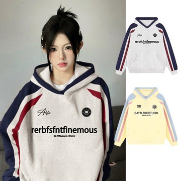 【CS22】慵懶風復古拼接裝色寬鬆帽T M-2XL