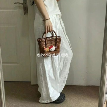 【臺灣出貨】嘿嘿豬/新款小雛菊kitty復古高顏值仿藤編織手提包可愛便攜菜籃