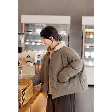 青灰色棉樸素白鴨絨高級保暖短款羽絨服