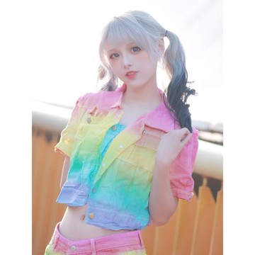 原創彩虹扎染甜辣妹短款牛仔上衣