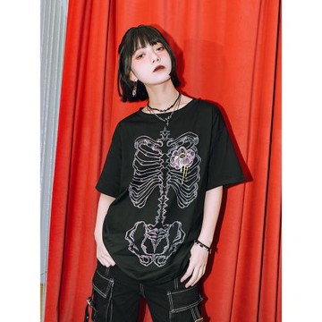 古怪舍「花骨」暗黑風短袖上衣女夏季寬松顯瘦半袖純棉印花t恤潮