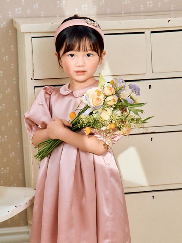 Satin Pearl Collar Puff Sleeve Dress
