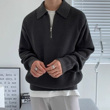 【Comoon】CITYBOY POLO毛衣 粗針織 翻領 中拉鏈 針織毛衣 寬鬆毛衣 情侶 毛衣 保暖 長袖上衣袖上衣