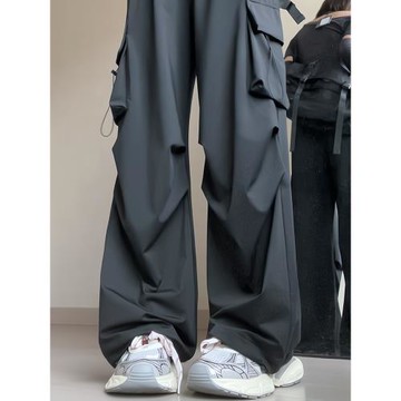 深灰色工裝褲女2025春秋新款美式運動褲大口袋直筒寬松休閑褲子女