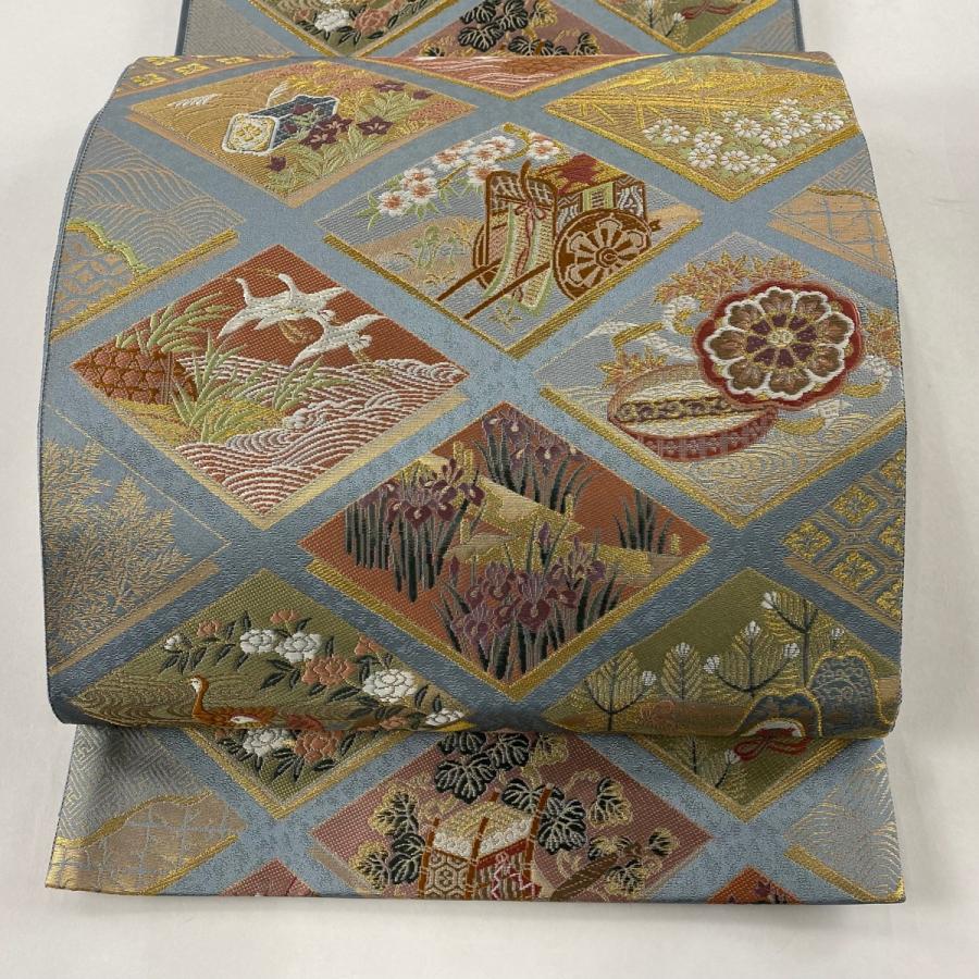 袋帯 美品 名品 斜め格子 草花 金糸 箔 青灰色 六通 正絹 中古 通販 