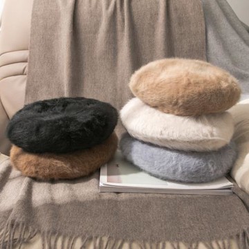 秋冬立體加厚貝雷帽女貂絨帽韓版日系兔毛畫家帽潮純色毛絨蓓蕾帽