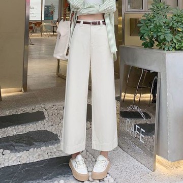 米杏色寬松闊腿褲女2025新款春夏小個子高腰顯瘦九分直筒休閑褲子