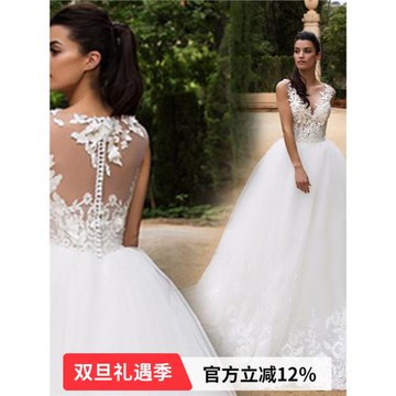 198天使嫁衣性感深V領森系新娘旅拍外景海景拖尾婚紗w7608批發