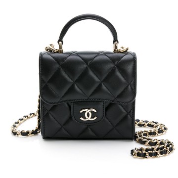 【CHANEL 香奈兒】經典菱格皮把手淡金釦金鍊迷你方形包