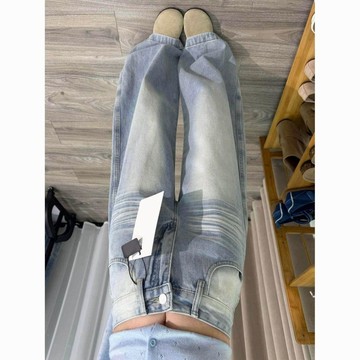 現款免運高個子加長美式淺藍口袋刺繡彎刀牛仔褲女寬鬆顯瘦垂感闊腿拖地褲高腰闊腿褲直筒複古@