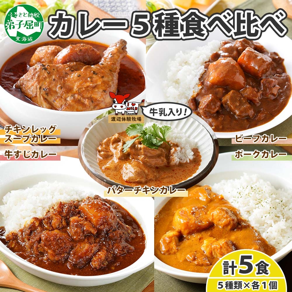 1446. 弟子屈 カレー 5種 計5個 中辛 バターチキンカレー スープカレー ビーフカレー ポークカレー 牛すじカレー 業務用 レトルト 北海道 弟子屈町