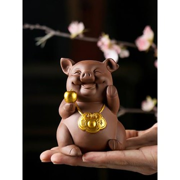 創意紫砂招財茶寵擺件精品可愛動物小豬家居裝飾品茶室茶玩小擺設