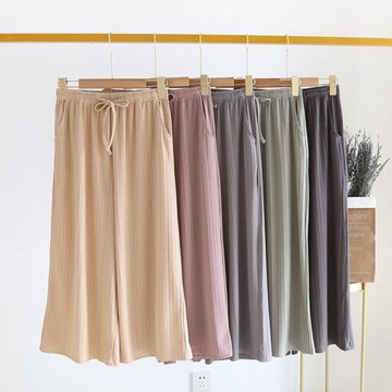 夏季女純棉七分睡褲女士全棉螺紋中褲寬松大碼闊腿褲家居褲可外穿