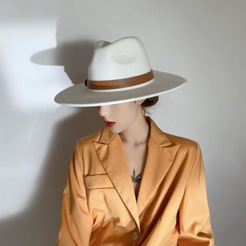 歐美復古白色仿毛呢大檐禮帽女秋冬英倫平沿騎士駝色寬檐爵士帽子