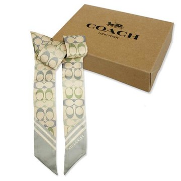 【COACH】C LOGO 100%蠶絲領帶長型絲巾領巾髮帶禮盒(彩色藍)