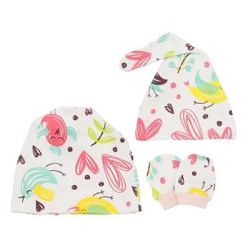OhBabyLying 母嬰同款月子帽嬰兒帽防抓手套禮盒3件組 - 純棉 獨立包裝 適用年齡0-6個月  粉色愛心 白色 + 粉色 + 黃色  1組  FREE SIZE