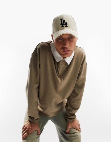 ASOS DESIGN rugby polo sweatshirt in grey beige-Neutral
