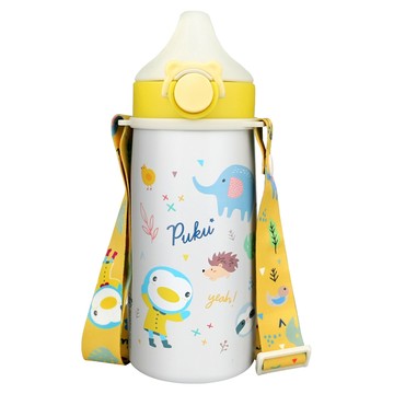 PUKU 藍色企鵝 不鏽鋼吸管保溫水壺 附吸管杯蓋  活力黃  500ml  1個