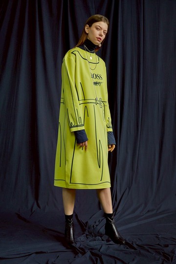 線條插畫洋裝  萊姆黃