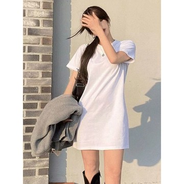 台灣出貨 純色遮臀短袖t恤裙女夏季300斤特大碼胖mm寬鬆顯瘦遮肚孕婦連衣裙 短袖長板t 短裙 連身裙 連衣裙 顯瘦