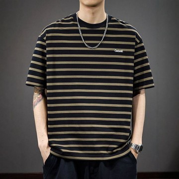 男生條紋短袖上衣 寬版 透氣 夏季新款休閒純棉條紋短袖恤男美式復古寬鬆圓領半袖體恤海魂衫0618