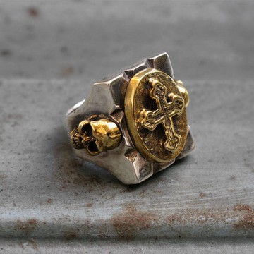 老式墨西哥騎自行車的人戒指頭骨交叉基督耶穌純銀男子海盜