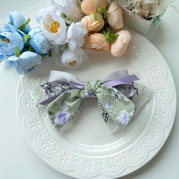 彈夾-棉布蕾絲浪漫風格髮夾髮飾-灰綠+粉紫色