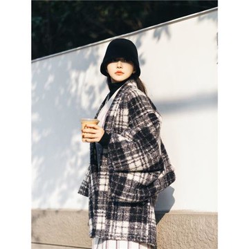 山鳥和色日系和風和服羽織 秋冬格紋仿羊羔毛厚實外套 日常通勤可