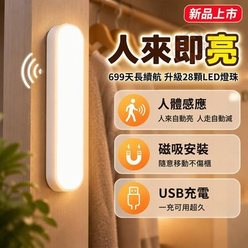 人體感應小夜燈 磁吸安裝 LED 照明燈 超大容量電池 699 天待機 寬幅發光面板 衣櫃走廊櫥櫃暖白光 USB 充電