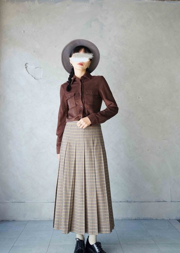 尋寶古著-卡其棕千鳥格毛呢寬摺長裙