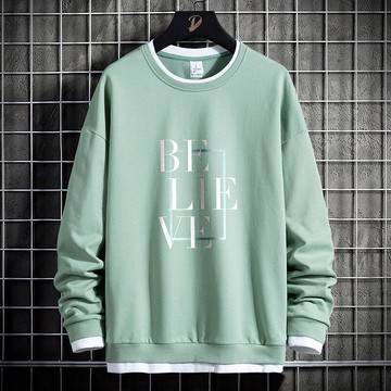 2021新款秋季假兩件男士圓領衛衣青少年打底衫男春秋長袖t恤潮牌