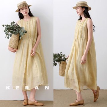 設計所在 獨家高端限量系列 100支炒色天絲苧麻無袖背心連身裙(S-L可選)