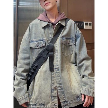 復古牛仔外套男2024秋冬新款美式男生煙灰色寬松冬季翻領工裝夾克